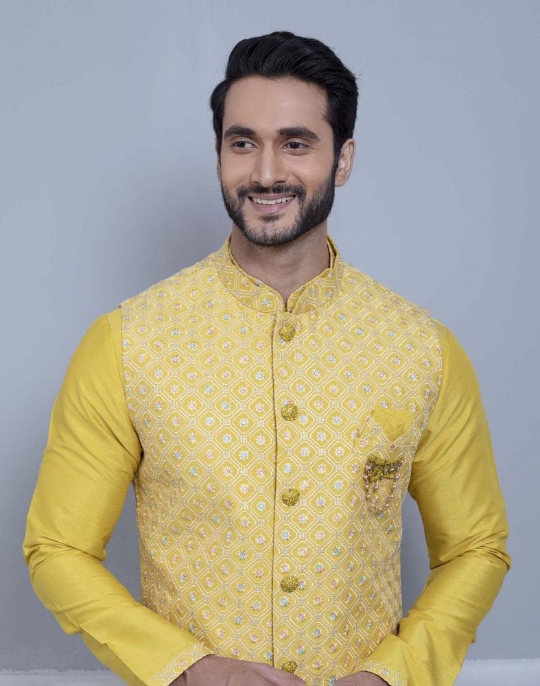 Yellow Self Brocade Design With Soft Silk Kurta Jacket Set