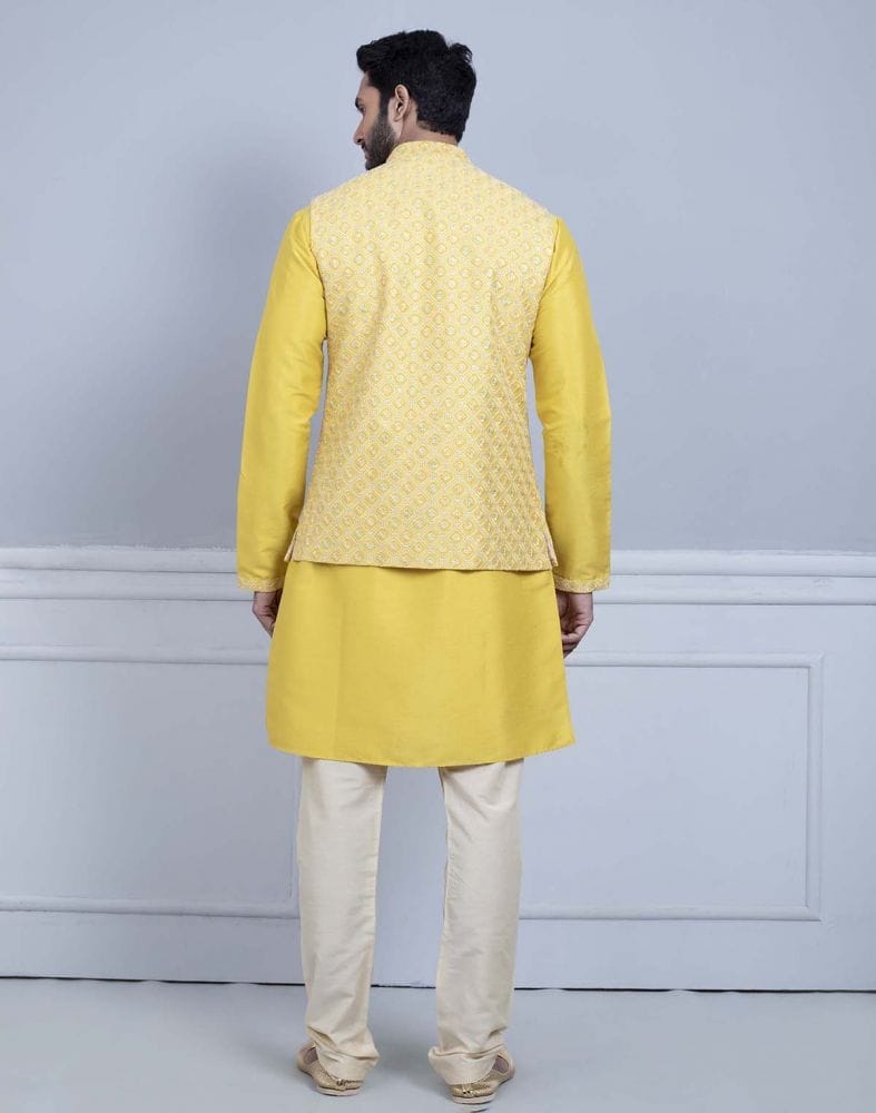 Yellow Self Brocade Design With Soft Silk Kurta Jacket Set