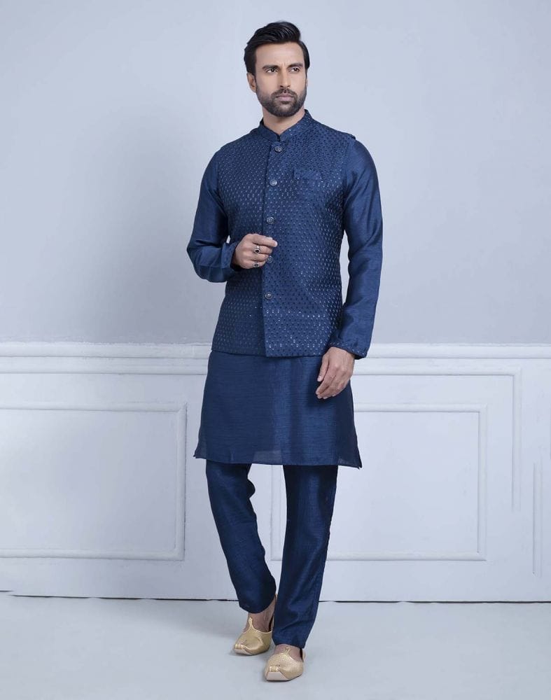 Impressive Blue Coloured Self Highlighted Design Kurta Jacket Set