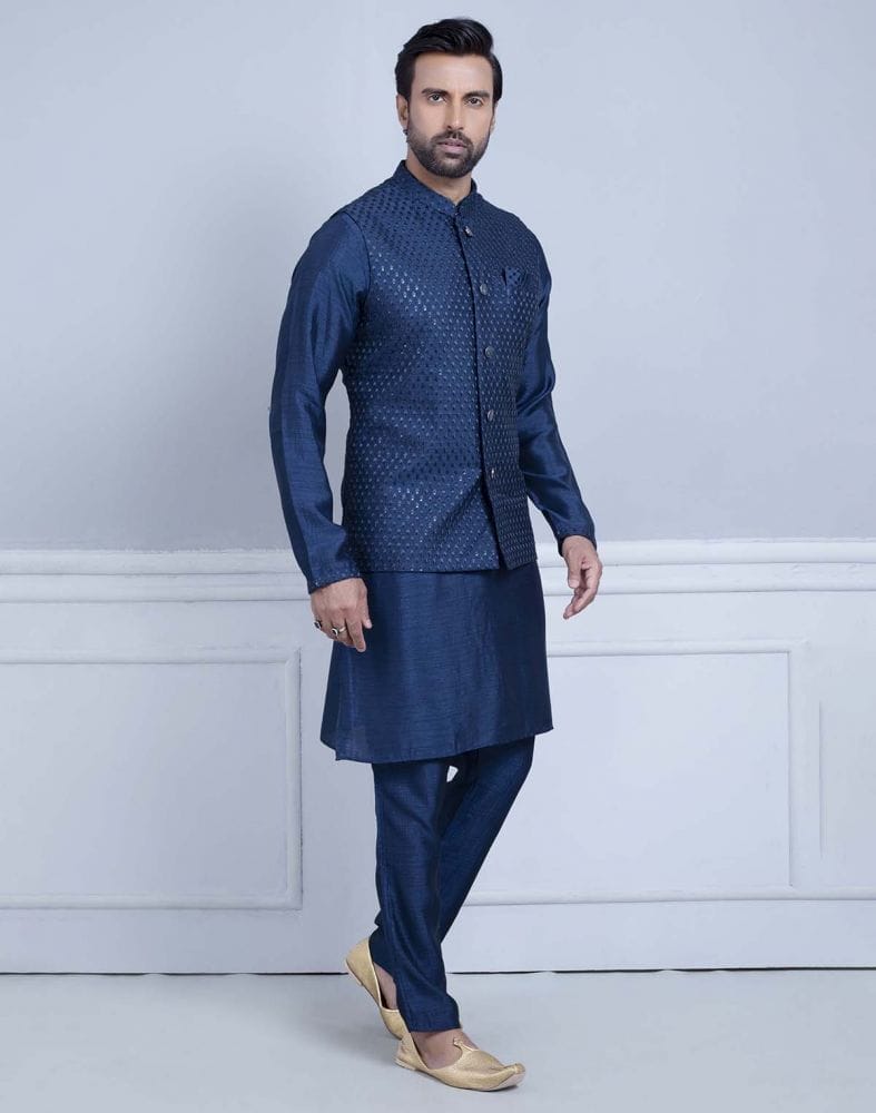 Impressive Blue Coloured Self Highlighted Design Kurta Jacket Set