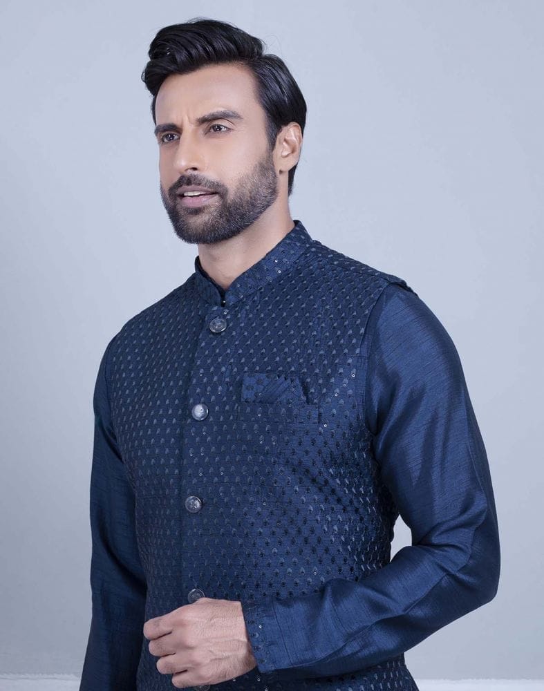 Impressive Blue Coloured Self Highlighted Design Kurta Jacket Set