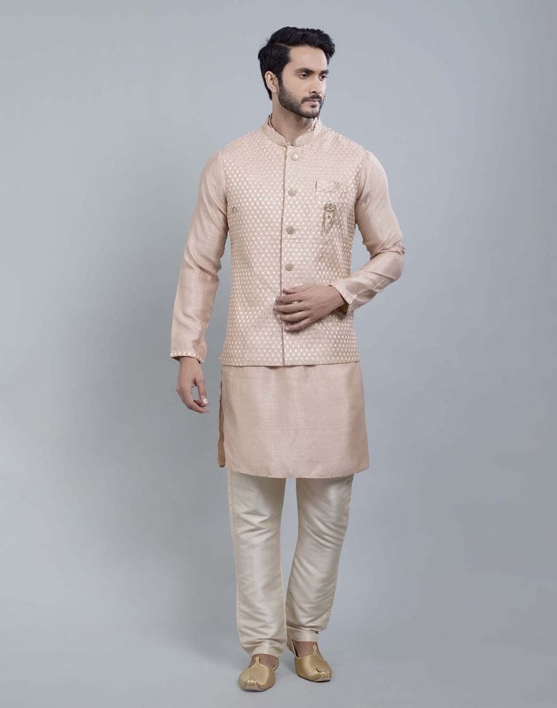 Peach Coloured Impressive Self Highlighted Design Kurta Jacket Set