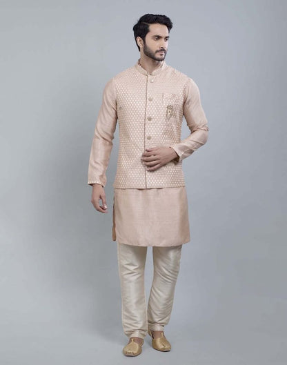 Peach Coloured Impressive Self Highlighted Design Kurta Jacket Set