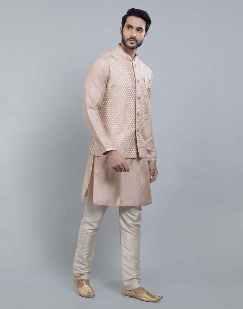 Peach Coloured Impressive Self Highlighted Design Kurta Jacket Set