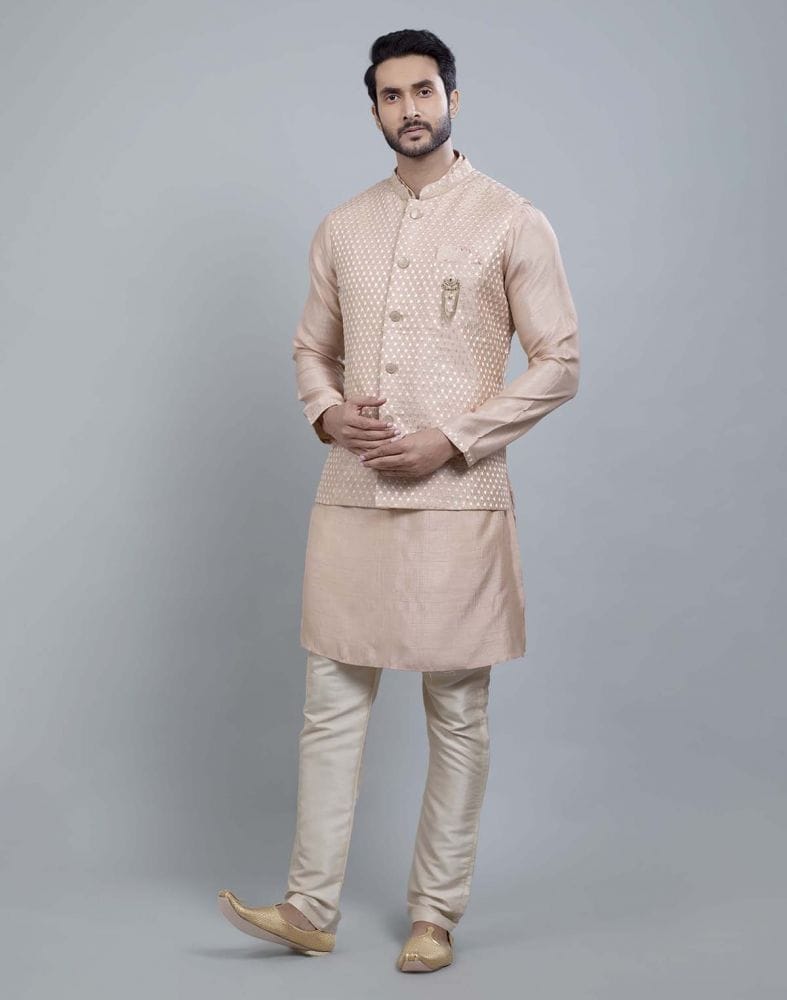 Peach Coloured Impressive Self Highlighted Design Kurta Jacket Set