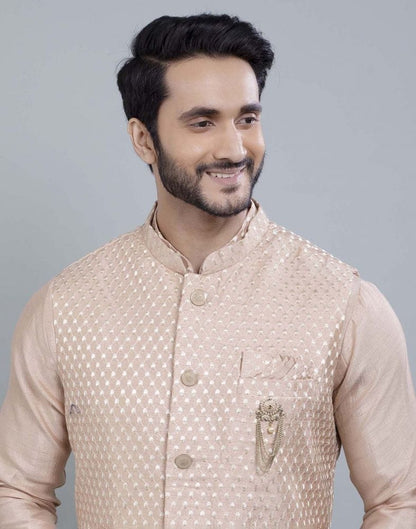 Peach Coloured Impressive Self Highlighted Design Kurta Jacket Set