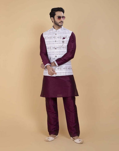 Self Brocade With Printed Soft Silk Kurta Jacket Set