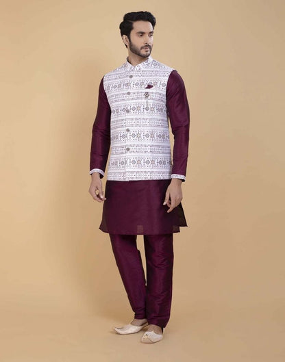 Self Brocade With Printed Soft Silk Kurta Jacket Set