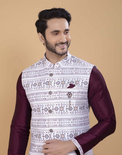 Self Brocade With Printed Soft Silk Kurta Jacket Set