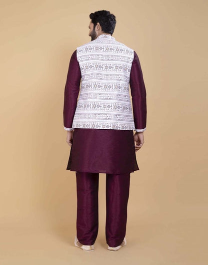 Self Brocade With Printed Soft Silk Kurta Jacket Set