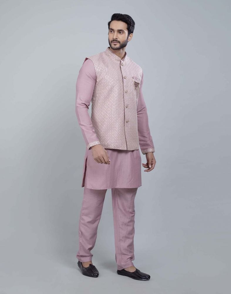 Light Pink All Over Heavy Thread and Sequence Work Kurta Jacket Set