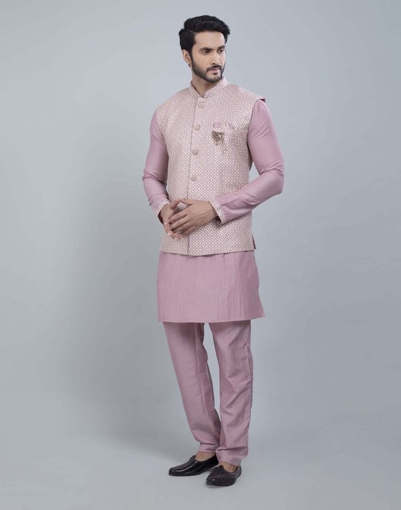 Light Pink All Over Heavy Thread and Sequence Work Kurta Jacket Set