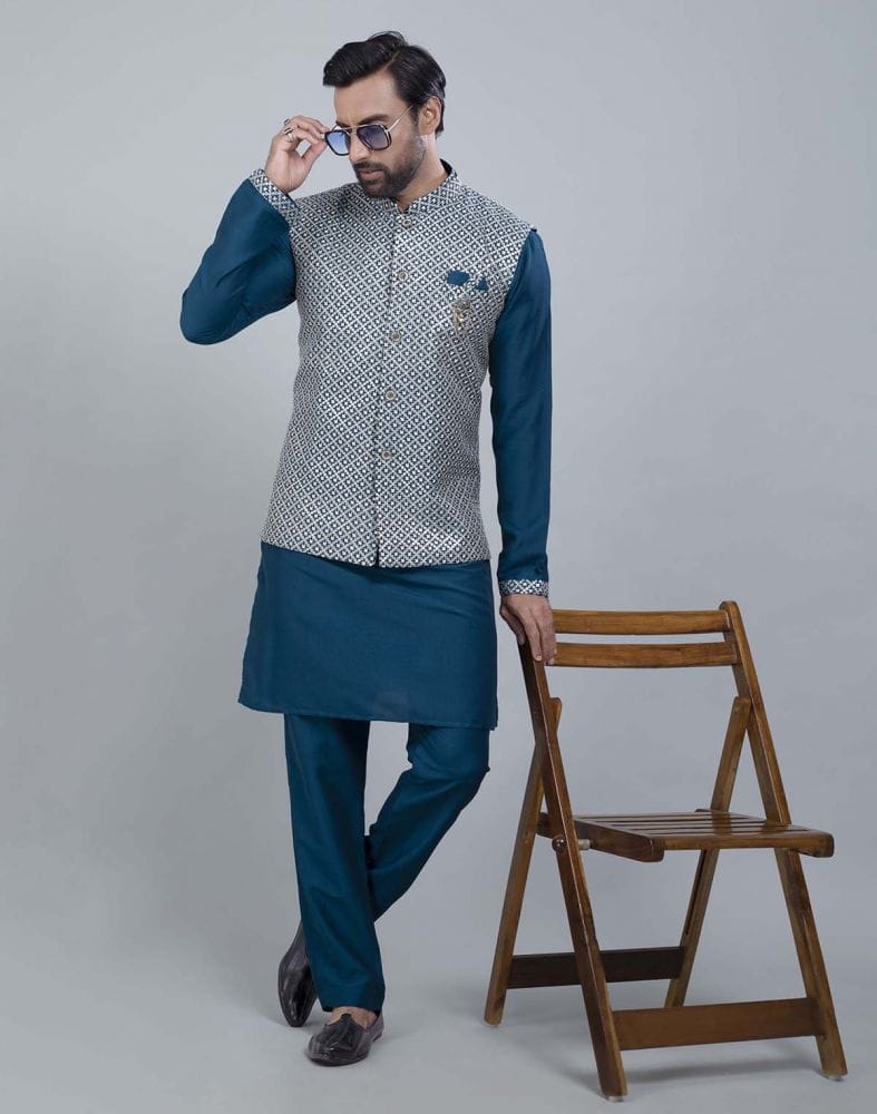 Rama Green All Over Heavy Thread and Sequence Work Kurta Jacket Set