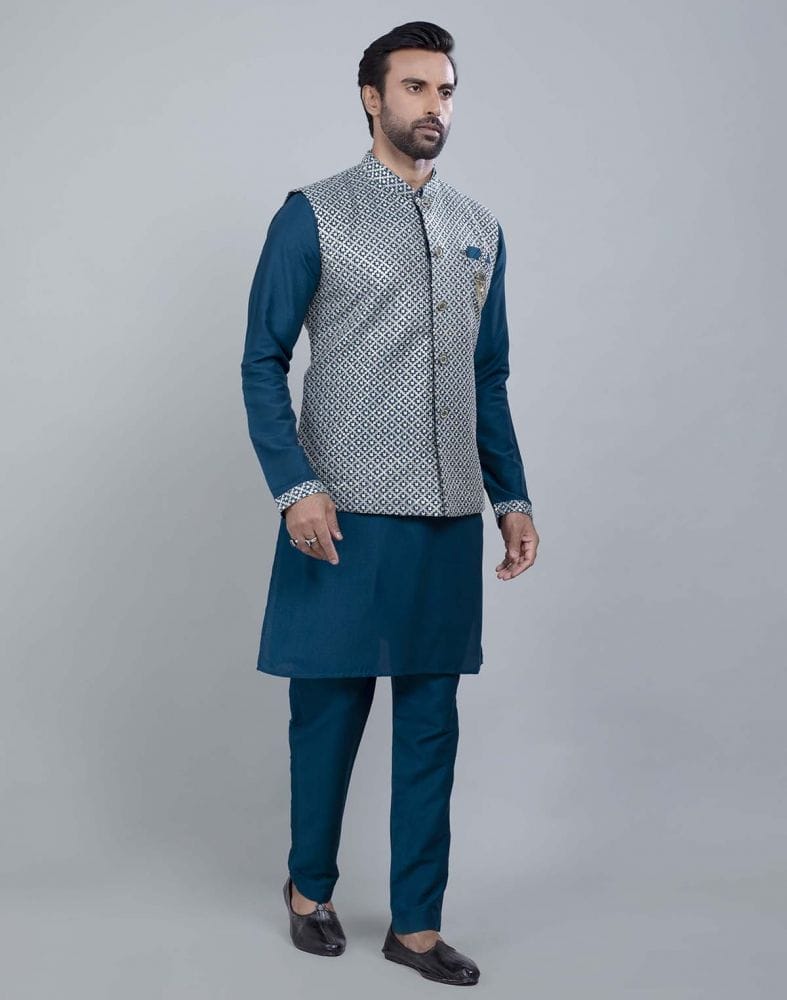 Rama Green All Over Heavy Thread and Sequence Work Kurta Jacket Set