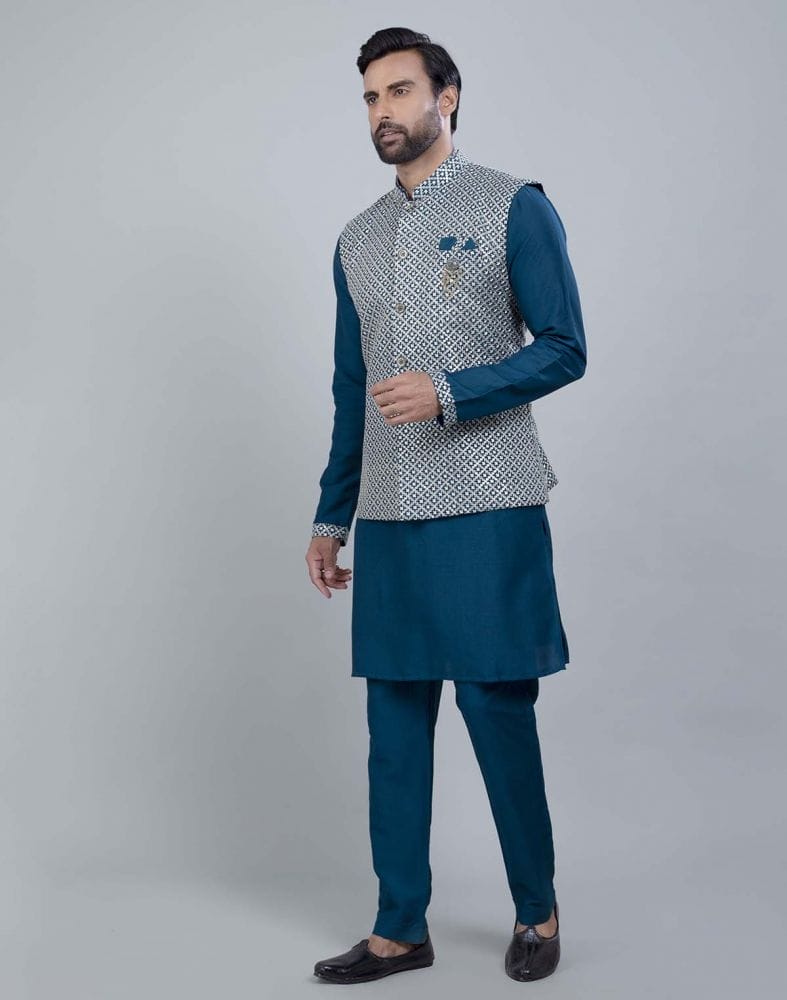 Rama Green All Over Heavy Thread and Sequence Work Kurta Jacket Set