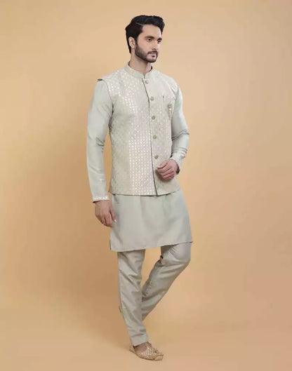 Pista Green Soft Kurta With Raw Silk Sequence Work Jacket Style