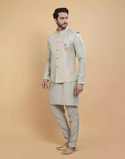 Pista Green Soft Kurta With Raw Silk Sequence Work Jacket Style