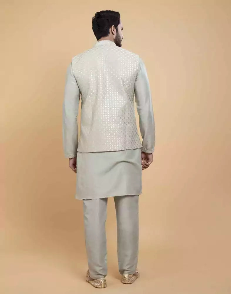 Pista Green Soft Kurta With Raw Silk Sequence Work Jacket Style