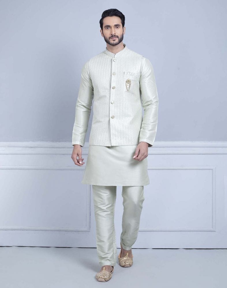 Stylish Pista Green Raw Silk Sequence Kurta Jacket Set