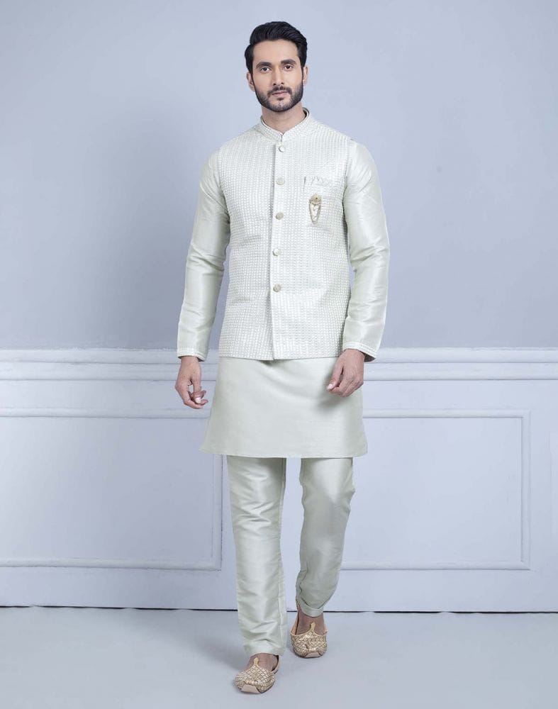 Stylish Pista Green Raw Silk Sequence Kurta Jacket Set