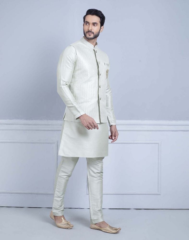 Stylish Pista Green Raw Silk Sequence Kurta Jacket Set