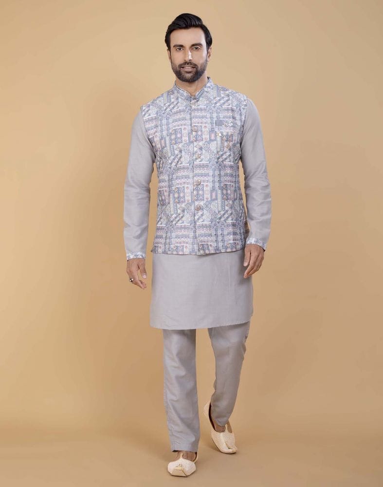 Grey Brocade With Gold Zari Work Kurta Jacket Set