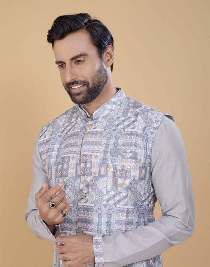 Grey Brocade With Gold Zari Work Kurta Jacket Set