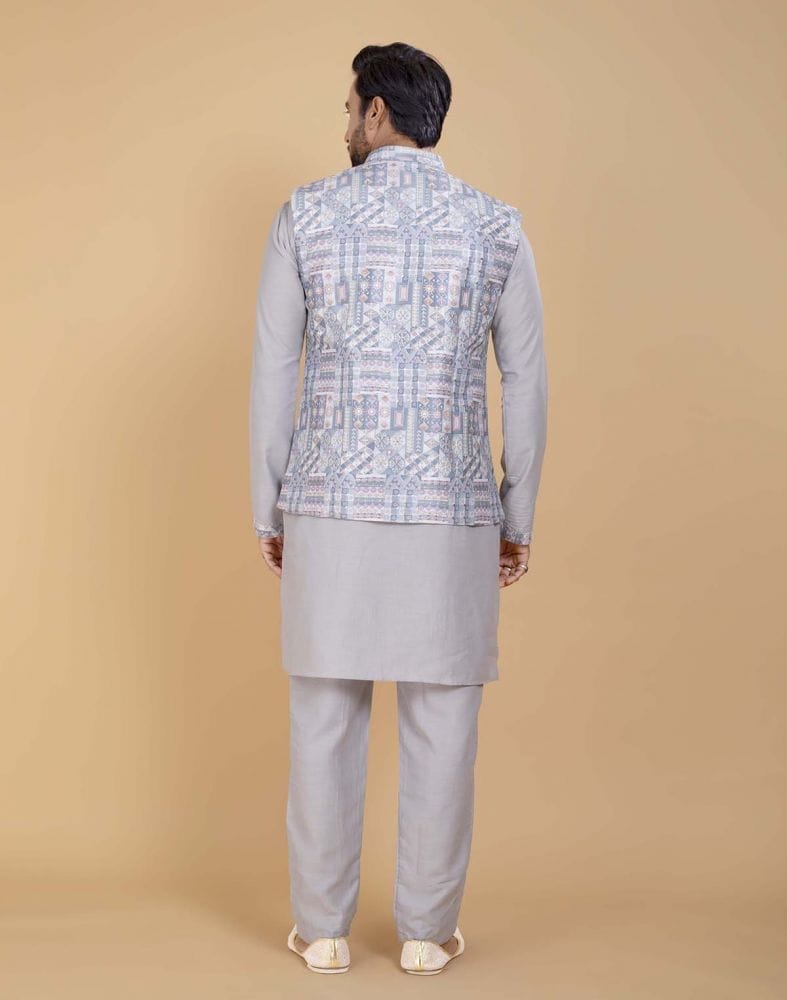 Grey Brocade With Gold Zari Work Kurta Jacket Set