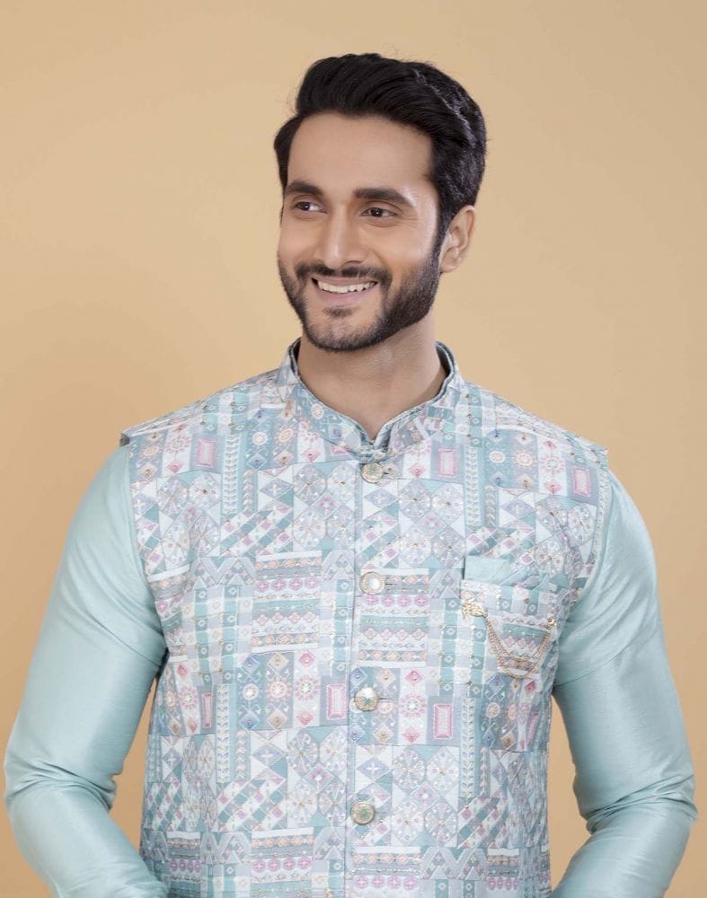 Sky Blue Brocade With Gold Zari Work Kurta Jacket Set