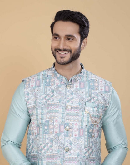 Sky Blue Brocade With Gold Zari Work Kurta Jacket Set