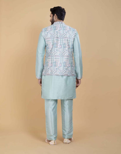 Sky Blue Brocade With Gold Zari Work Kurta Jacket Set