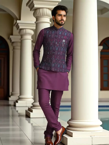 Wine Floral Embroidery and Sequence Work Milky Silk Kurta Jacket Set
