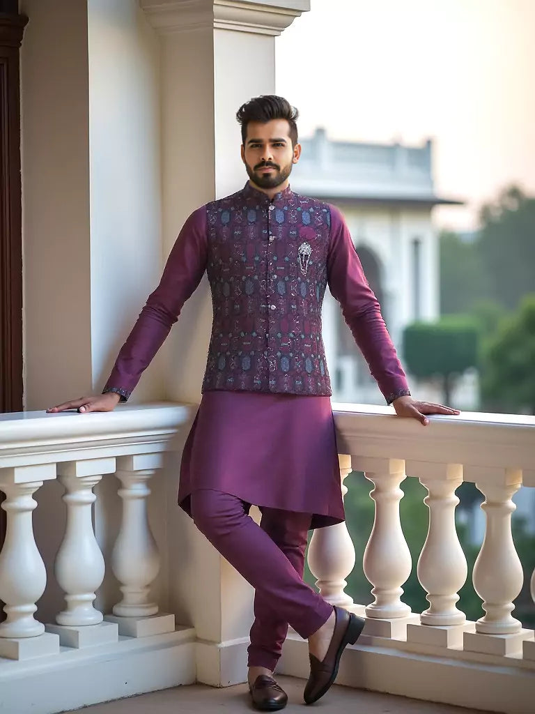 Wine Floral Embroidery and Sequence Work Milky Silk Kurta Jacket Set