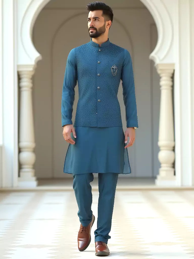 Elegant Thread Embroidery Work Rama Colour Milky Silk Kurta Set