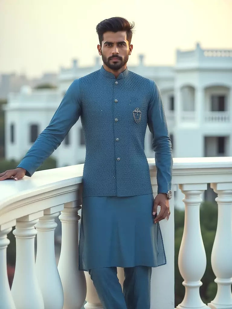 Elegant Thread Embroidery Work Rama Colour Milky Silk Kurta Set