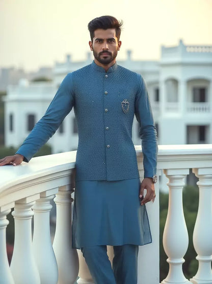 Elegant Thread Embroidery Work Rama Colour Milky Silk Kurta Set