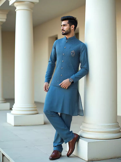 Elegant Thread Embroidery Work Rama Colour Milky Silk Kurta Set