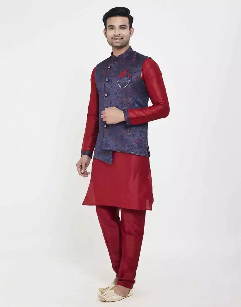 Blue Jacquard Cross Pattern Kurta Set