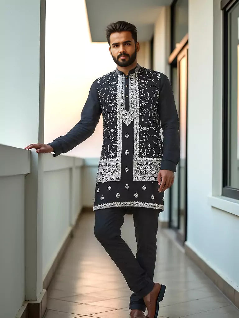 Mehendi Floral Design Thread Embroidery Raw Silk Kurta Set
