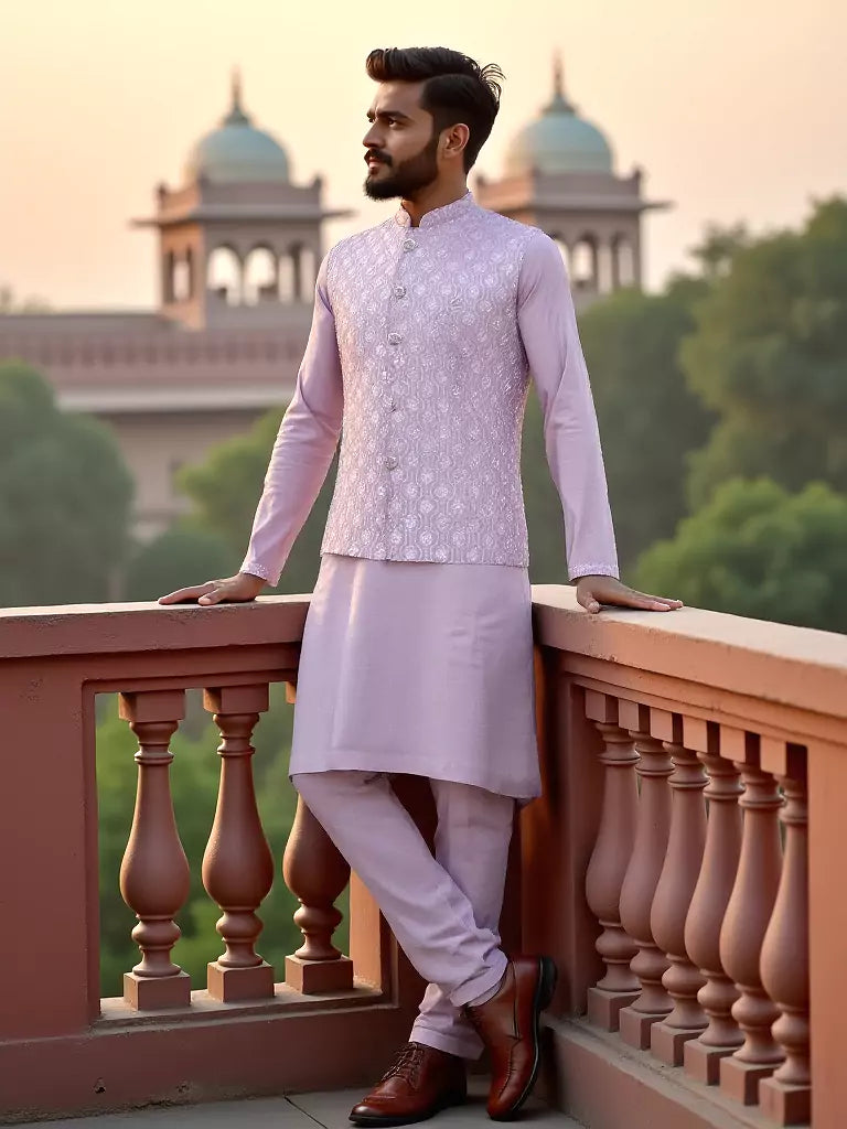 Onion Colour Floral Sequence Work Milky Silk Kurta Jacket Set