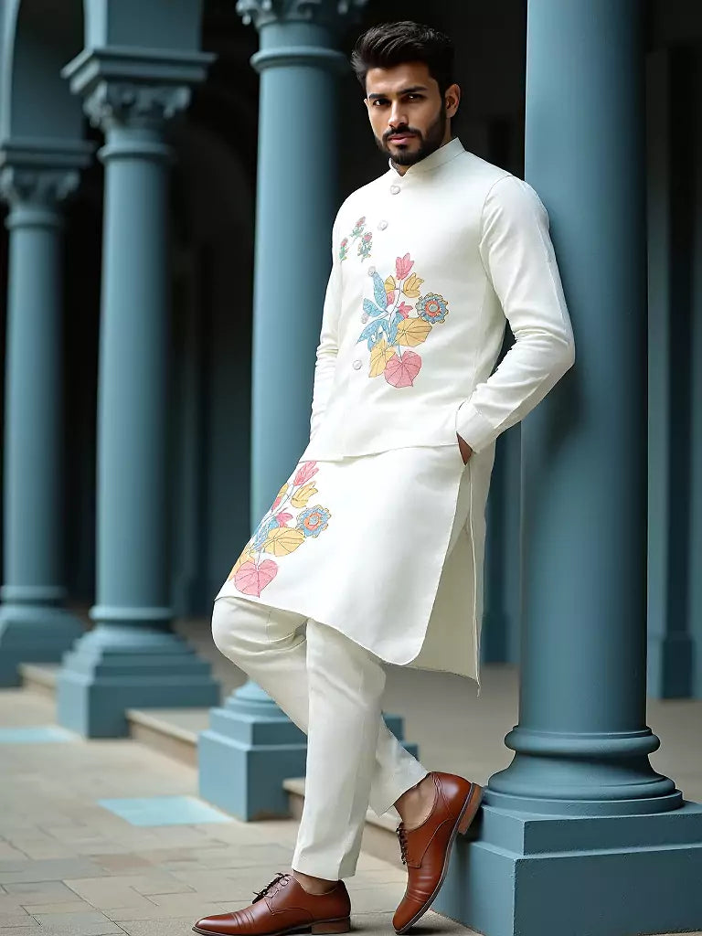Light Pista Green Floral Print Matka Silk Kurta Jacket Set