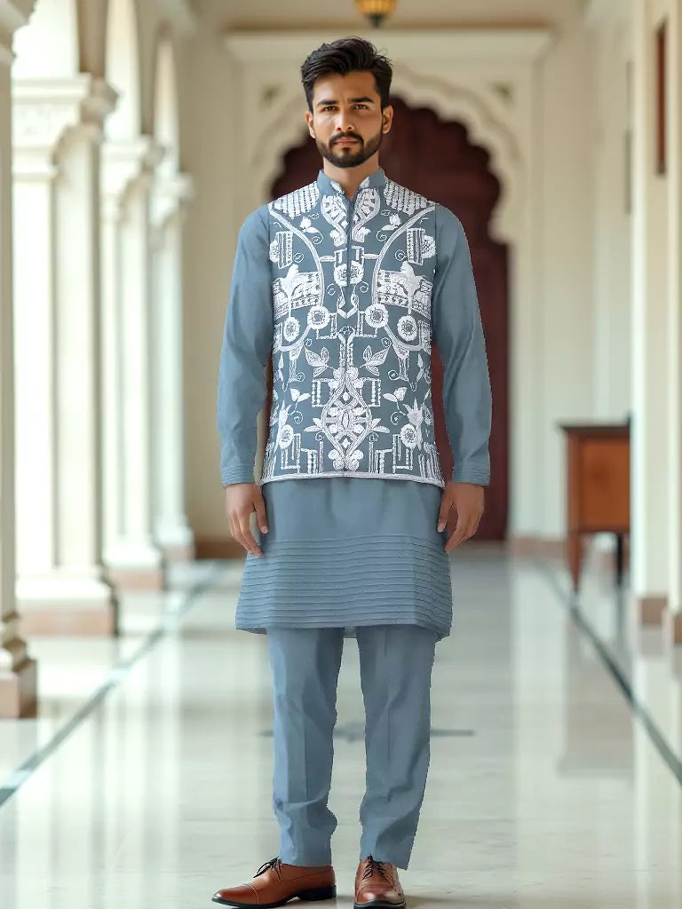Blue Floral Pattern Thread Work Giza Cotton Kurta Set