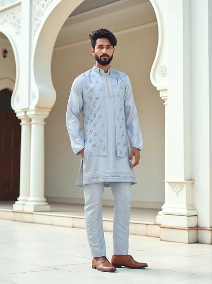 Light Sky Blue Thread Work Giza Cotton Kurta Jacket Set