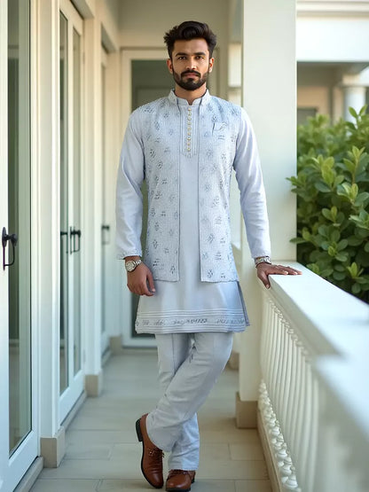 Light Sky Blue Thread Work Giza Cotton Kurta Jacket Set