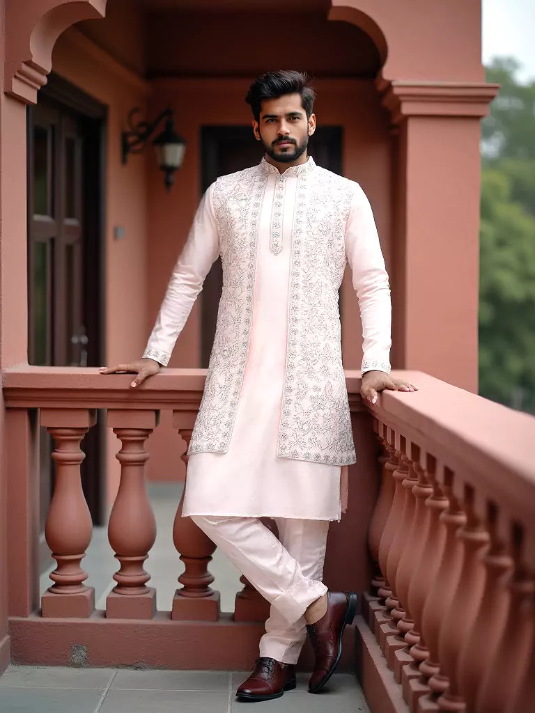 Thread Embroidery Design Floral Raw Silk Kurta Jacket Set in Light Pink