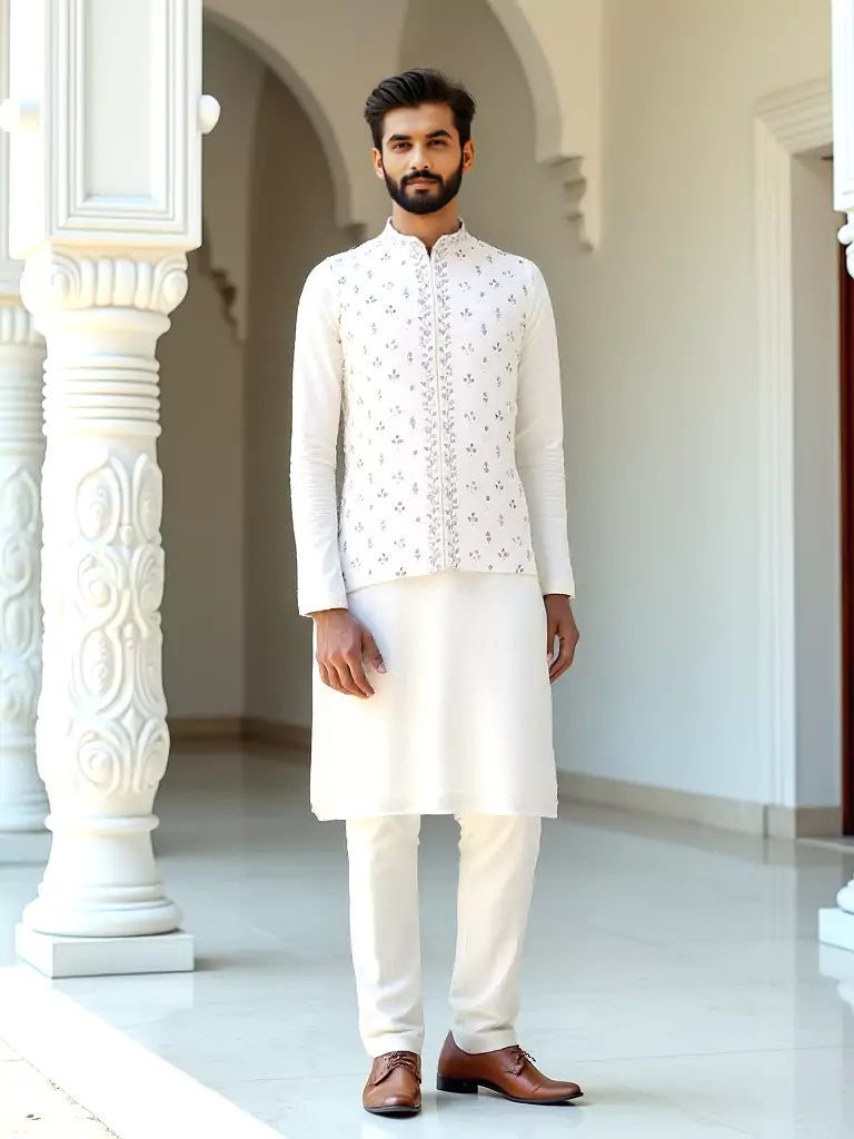 Cream Floral Elegant Thread Embroidery Work Raw Silk Kurta Set