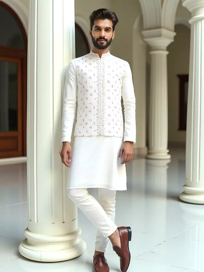 Cream Floral Elegant Thread Embroidery Work Raw Silk Kurta Set