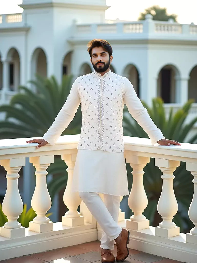 Cream Floral Elegant Thread Embroidery Work Raw Silk Kurta Set