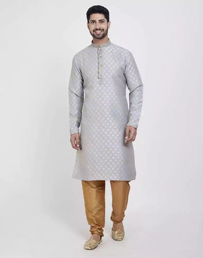Grey Self Highlighted Brocade Design Kurta Pajama Set