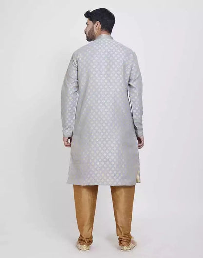 Grey Self Highlighted Brocade Design Kurta Pajama Set